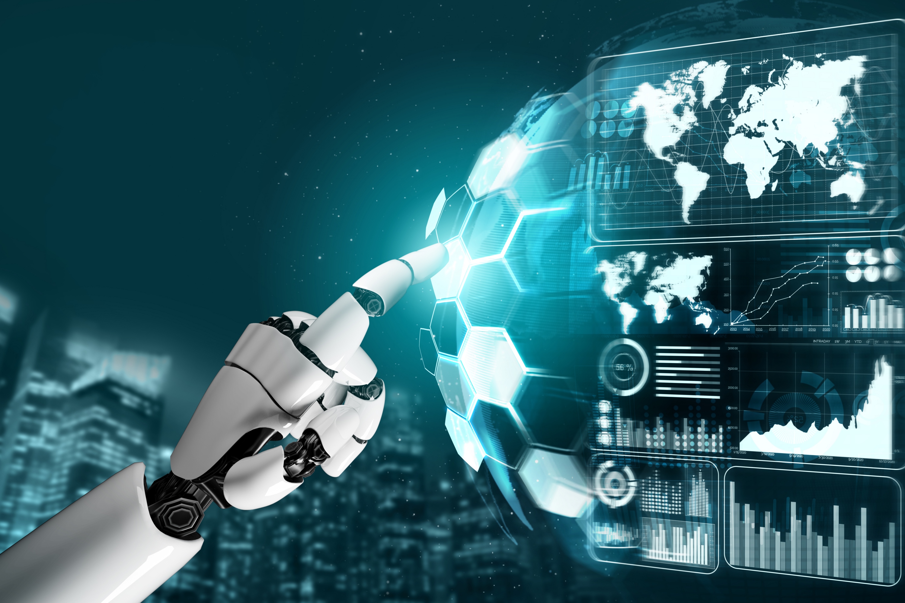 3D Rendering futuristic robot technology development, artificial intelligence AI, and machine learning concept. Global robotic bionic science research for future of human life.